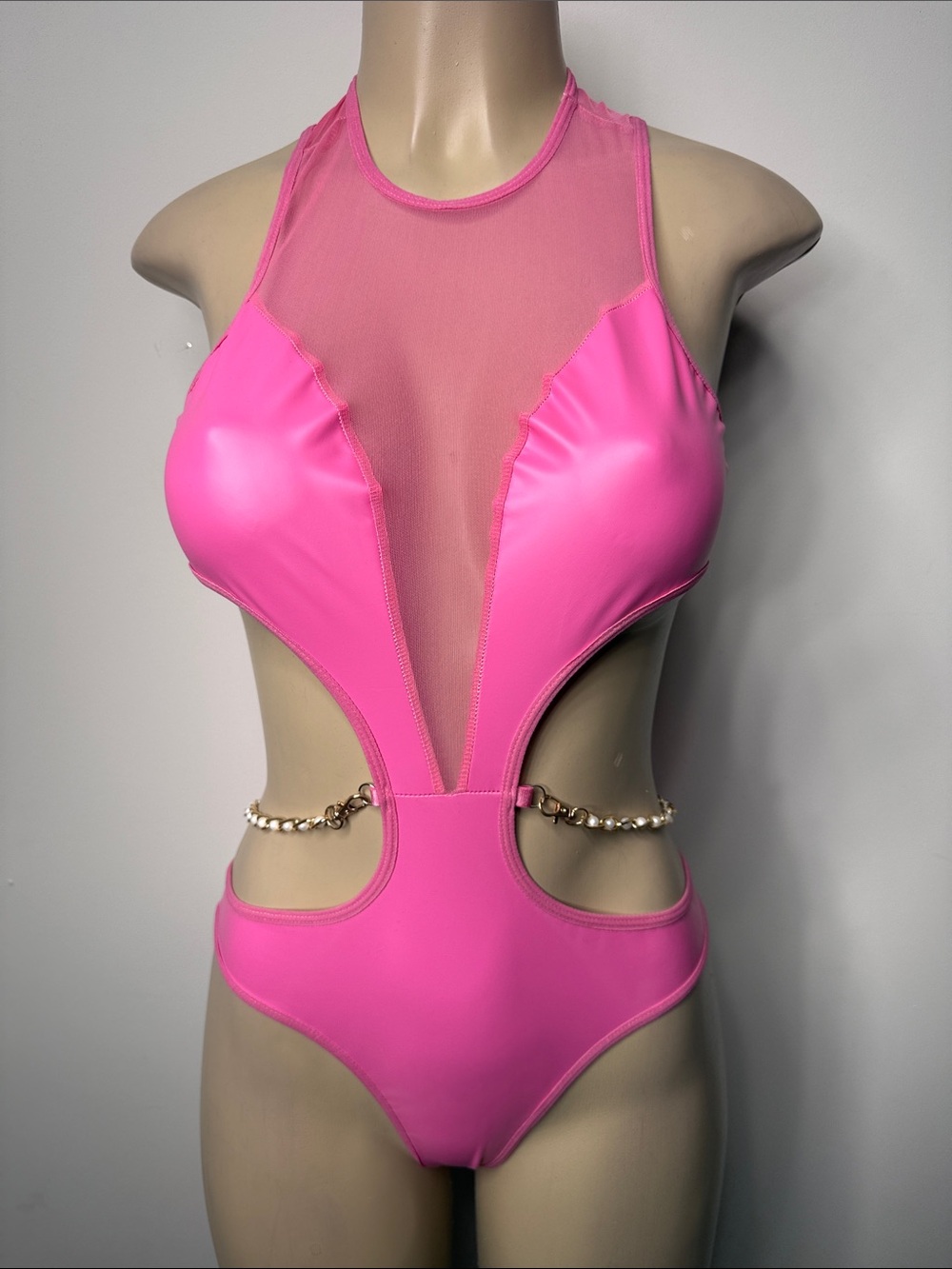 SHEIN Hot Pink Mesh-Panel Cutout Chemise with Gold Chain Accents